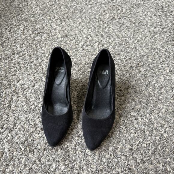 Eileen Fisher Hawk Block Heel Suede Leather Pumps Heels Black Sz 7 Pointed Toe - Picture 2 of 9